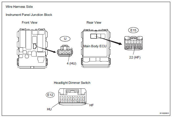 Toyota RAV4. Check wire harness (main body ecu - dimmer switch)